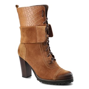 Botki damskie Libero, naturalna skóra zamszowa z dekoracyjną wstawką o tłoczonej fakturze na cholewce sznurowaniem oraz wysokim obcasem, brąz, 1900-3