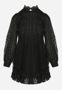 Czarna Trapezowa Sukienka Mini z Ażurowym Wzorem i Falbankami Virenia