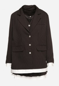 Czarny Komplet w Delikatne Paseczki Plisowana Spódnica Kamizelka i Marynarka Dassemi