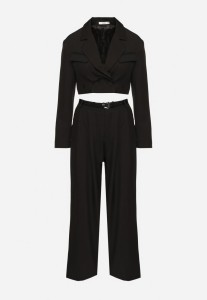 Czarny Komplet Garniturowy z Krótką Marynarką i Spodniami z Paskiem Verithia