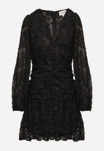 Czarna Koronkowa Sukienka z Kopertowym Dekoltem i Marszczeniami Labisse