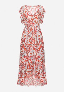 Beżowo-Pomarańczowa Asymetryczna Sukienka z Gumką w Pasie z Falbankami z Wiskozy Venimra