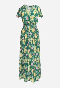 Zielono-Żółta Wiskozowa Sukienka Maxi o Rozkloszowanym Kroju i Kopertowym Dekolcie w Kwiaty Arvelia