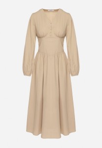 Beżowa Sukienka z Wiskozą z Gorsetową Talią i Bufiastymi Rękawami Aniste