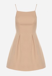 Beżowa Sukienka Vices o Rozkloszowanym Kroju na Ramiączkach Zdobiona Zakładkami Sarileve