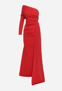 Czerwona Asymetryczna Sukienka Koktajlowa Ozdobiona Metaliczną Nicią i Trenem Emarielin
