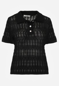 Czarna Wiskozowa Bluzka z Szydełkowym Wzorem Kołnierzykiem i Guzikami Lasthythia