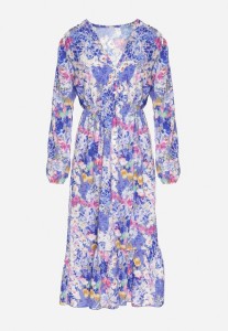 Niebieska Rozkloszowana Sukienka w Kwiaty z Dekoltem w Serek i Gumką w Talii Janitra