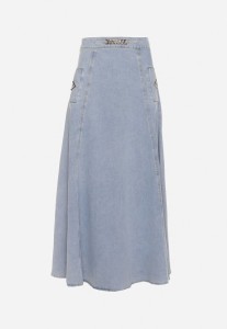 Jasnoniebieska Bawełniana Spódnica Jeansowa Maxi Rozkloszowana z Łańcuszkiem Zallire