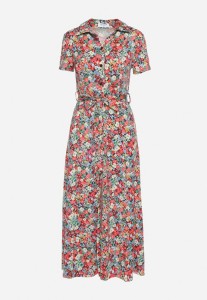 Czerwono-Zielona Koszulowa Sukienka z Krótkim Rękawem i Wiskozą na Guziki z Materiałowym Paskiem Dimiata