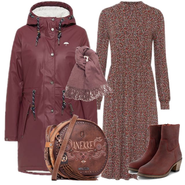 Bordowa parka i sukienka w kwiaty