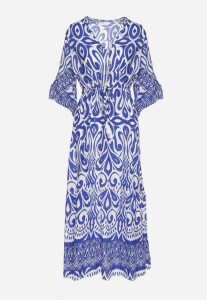 Niebieska Sukienka Bawełniana w Ornamentalny Wzór z Gumką w Talii Orrielle