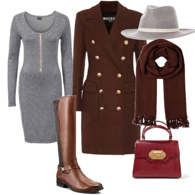 Brązowy płaszczyk z szarą dzianinowa sukienką