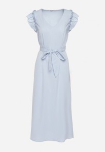 Niebieska Sukienka Wiązana w Pasie z Rękawem z Falbanką z Rozcięciami i Cyrkoniami Fernesta