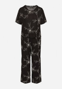 Czarny Komplet T-shirt i Szerokie Spodnie Zdobiony Wyszywanymi Kwiatami Namsaria