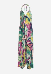 Zielono-Fioletowa Wiskozowa Sukienka Wiązana na Plecach i Szyi z Odcięciem pod Biustem Peridia