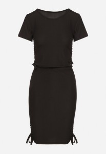 Czarny Komplet z Bawełną Bluzka i Spódnica ze Ściągaczami Lunakira