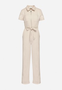 Jasnobeżowy Bawełniany Kombinezon z Prostymi Nogawkami z Zamkiem i Paskiem w Talii Olroura