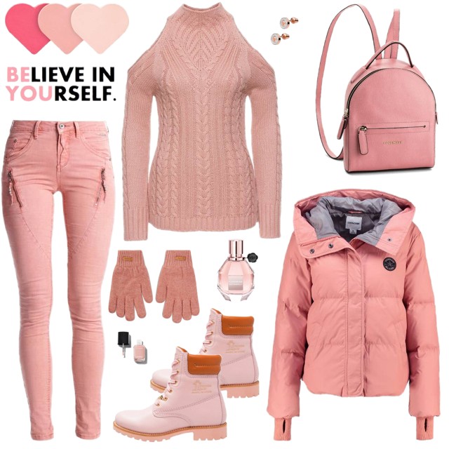 Różowy total look w zimowej stylizacji