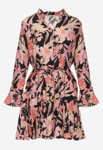 Czarno-Różowa Wiskozowa Rozkloszowana Sukienka w Kwiaty z Paskiem Sinthea