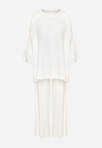 Biały Wiskozowy Komplet Szerokie Spodnie z Gumką w Talii Góra o Kroju Nietoperza Odrina