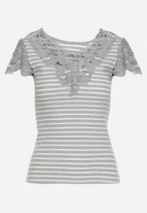Szary T-shirt z Bawełny z Koronką przy Dekolcie i Rękawach Alilama