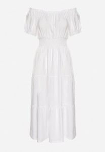 Biała Sukienka o Rozkloszowanym Kroju z Dekoltem Typu Łódka Miranea