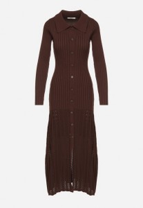 Brązowa Wiskozowa Sukienka Sweterkowa z Guzikami i Kołnierzykiem Delarria