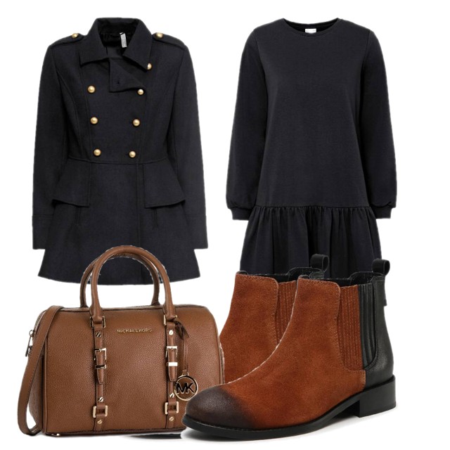 Black total look: czarna dzianinowa sukienka z falbaną