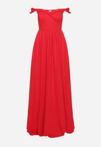 Czerwona Koktajlowa Rozkloszowana Sukienka z Hiszpańskim Dekoltem i Rozcięciem na Nogę Gralia