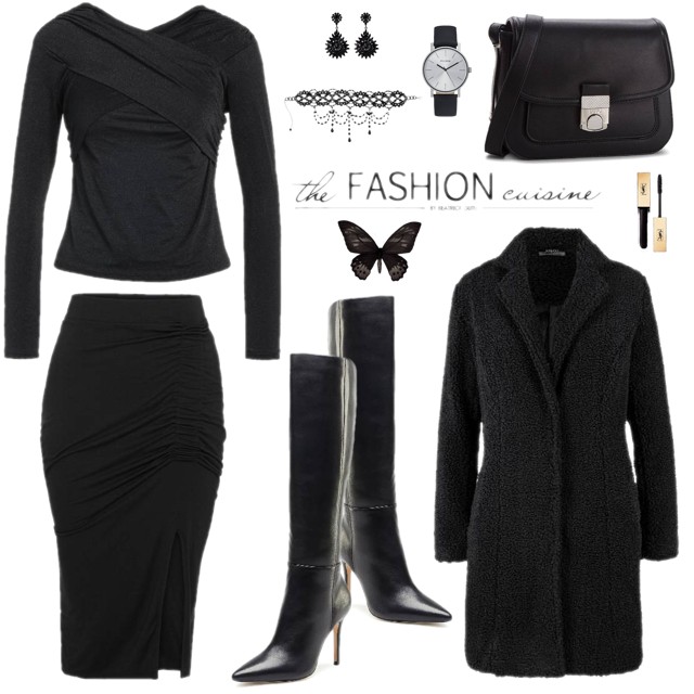 Modny zestaw z czarną drapowaną spódnicą, trykotową bluzką i kozakami za kolano