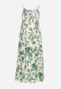 Zielono-Biała Bawełniana Sukienka na Szerokich Ramiączkach z Rozcięciem na Nogę i Gumką w Talii Dimrrose