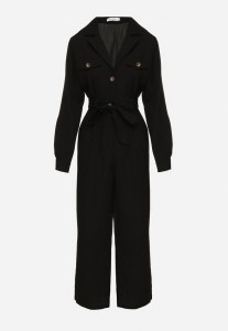 Czarny Długi Kombinezon z Koszulową Górą i Wiązanym Paskiem Danilva