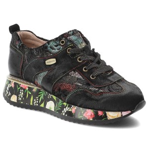 Sneakersy damskie Laura Vita, półbuty na grubej platformie skórzane z ozdobami i sznurowane, czarne, Delphine-16-SL6006-16