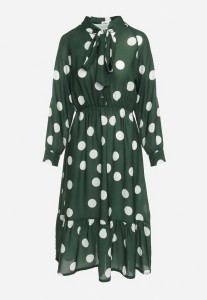 Ciemnozielona Rozkloszowana Sukienka Midi z Wiązaniem przy Dekolcie w Kropki Velvina