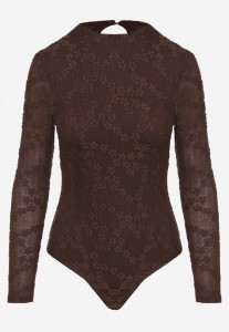 Brązowe Body Longsleeve z Koronki z Bawełną Zenisesa