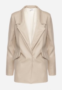 Beżowa Marynarka o Pudełkowym Fasonie z Ekoskóry z Poduszkami w Ramionach Sunins