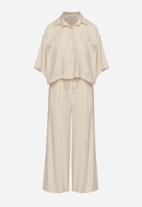 Beżowy Wiskozowy Komplet Oversize Koszula z Krótkim Rękawem i Spodnie Dovilissea