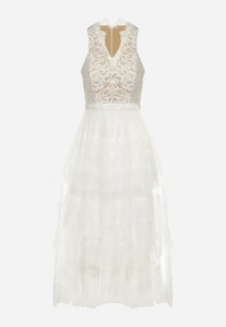 Biała Sukienka Maxi z Koronką i Siateczkowymi Falbanami Danela