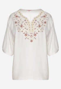 Biała Bawełniana Bluzka z Haftowanymi Zdobieniami Przy Dekolcie Mirundria