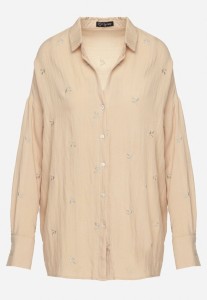 Beżowa Koszula Bawełniana w Hafty Liście Tleffia