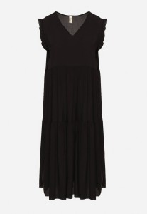 Czarna Bawełniana Sukienka Ozdobiona Falbankami Aveliova