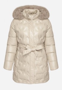 Ciemnobeżowa Pikowana Kurtka z Kapturem z Futrem i Wiązanym Paskiem Zenilka