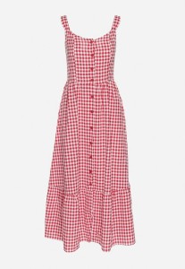 Czerwona Sukienka w Drobną Kratkę Ozdobiona Guzikami Lenimme