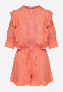 Pomarańczowy Kombinezon z Lnu i Wiskozy w Stylu Boho z Falbankami i Koronką Linalisse