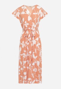 Pomarańczowo-Biała Kopertowa Plisowana Sukienka z Gumką i Paskiem w Talii Denevia