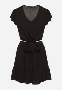 Czarny Komplet z Wiskozy Spódnica z Falbanką i Bluzka z Wiązaniem Redeave