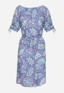 Niebieska Sukienka z Bawełny z Okrągłym Dekoltem i Wiązaniem w Pasie Tosaria