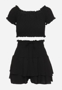 Czarny Komplet Top w Stylu Hiszpanki i Spódnico-Szorty z Gumką Quillatta