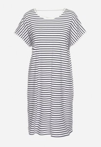 Biało-Granatowa Sukienka Bawełniana w Paski z Dekoltem na Plecach Ozdobionym Paskami Palupia